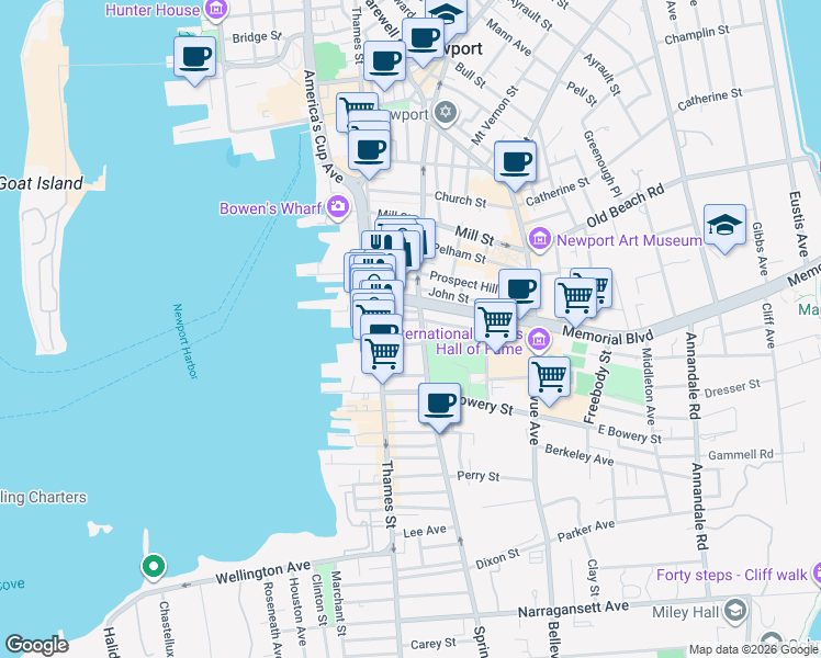 map of restaurants, bars, coffee shops, grocery stores, and more near 32 Ann Street in Newport