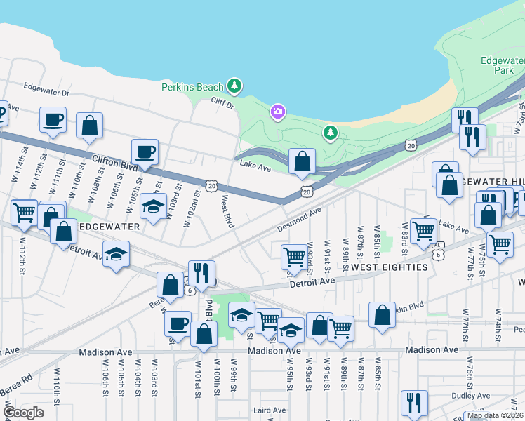 map of restaurants, bars, coffee shops, grocery stores, and more near 9605 Clifton Boulevard in Cleveland