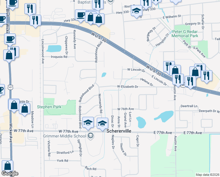 map of restaurants, bars, coffee shops, grocery stores, and more near 190 West Elizabeth Drive in Schererville