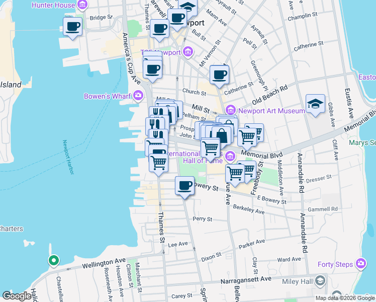 map of restaurants, bars, coffee shops, grocery stores, and more near 62 Rhode Island 138A in Newport