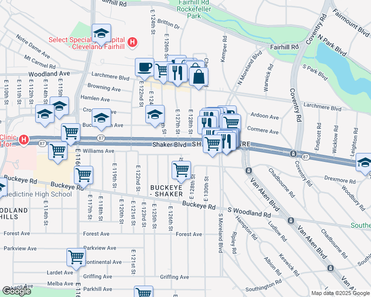 map of restaurants, bars, coffee shops, grocery stores, and more near 12730 Shaker Boulevard in Cleveland