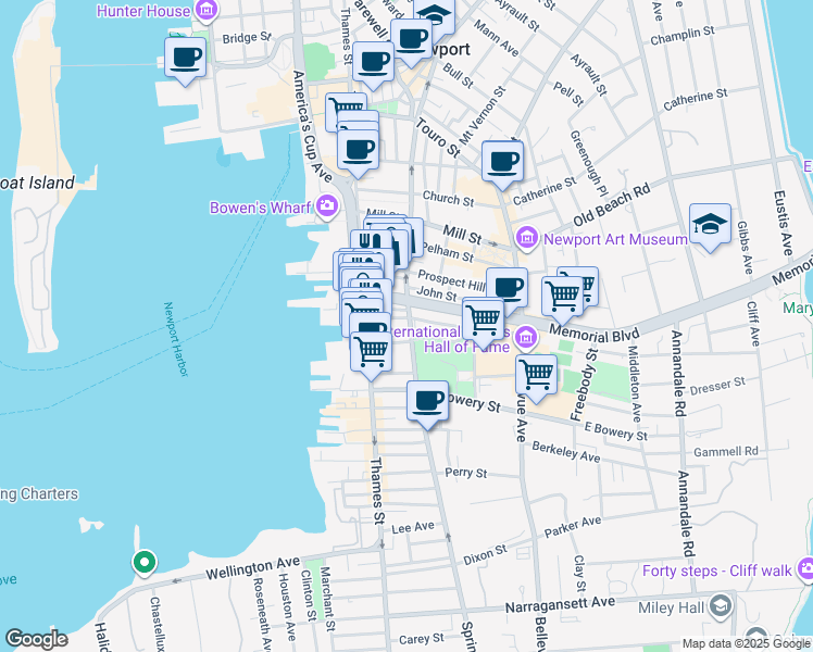 map of restaurants, bars, coffee shops, grocery stores, and more near 271 Spring Street in Newport