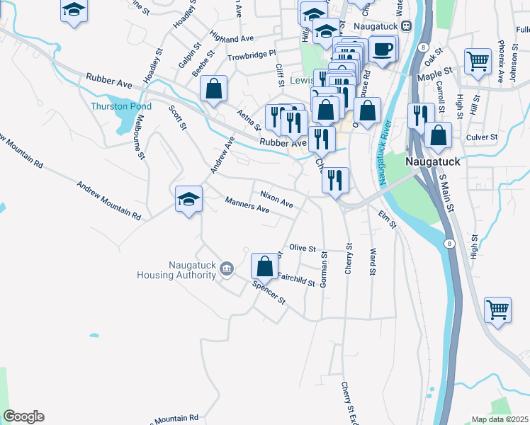 map of restaurants, bars, coffee shops, grocery stores, and more near 50 Manners Avenue in Naugatuck