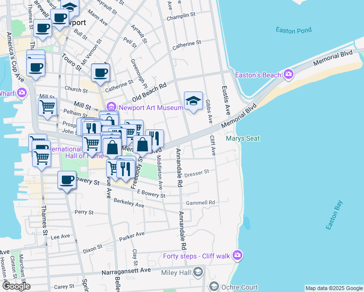 map of restaurants, bars, coffee shops, grocery stores, and more near 70 Rhode Island 138A in Newport