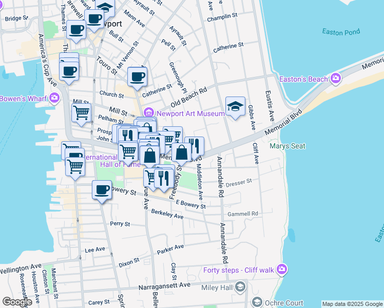 map of restaurants, bars, coffee shops, grocery stores, and more near 50 Memorial Boulevard in Newport
