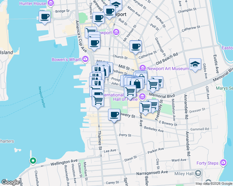 map of restaurants, bars, coffee shops, grocery stores, and more near 62 Rhode Island 138A in Newport
