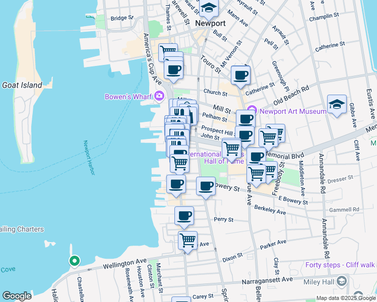 map of restaurants, bars, coffee shops, grocery stores, and more near 233 Memorial Boulevard West in Newport