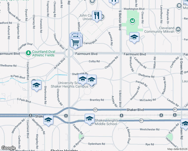 map of restaurants, bars, coffee shops, grocery stores, and more near 20900 Claythorne Road in Shaker Heights