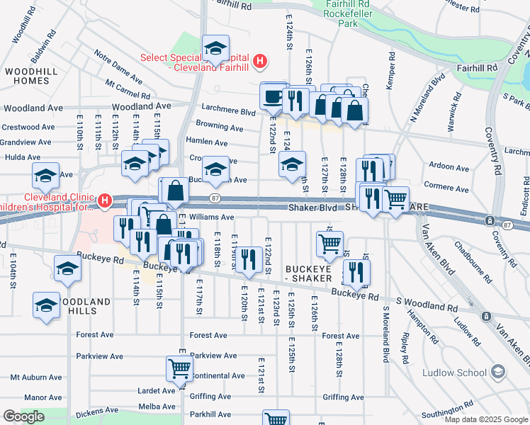 map of restaurants, bars, coffee shops, grocery stores, and more near 12024 Shaker Boulevard in Cleveland