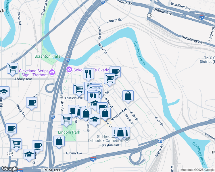 map of restaurants, bars, coffee shops, grocery stores, and more near 2175 West 5th Street in Cleveland