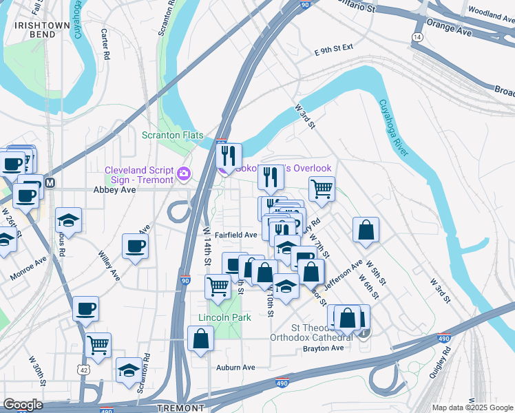 map of restaurants, bars, coffee shops, grocery stores, and more near 1019 Pelton Court in Cleveland