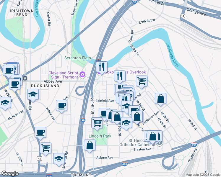 map of restaurants, bars, coffee shops, grocery stores, and more near 1019 Pelton Court in Cleveland