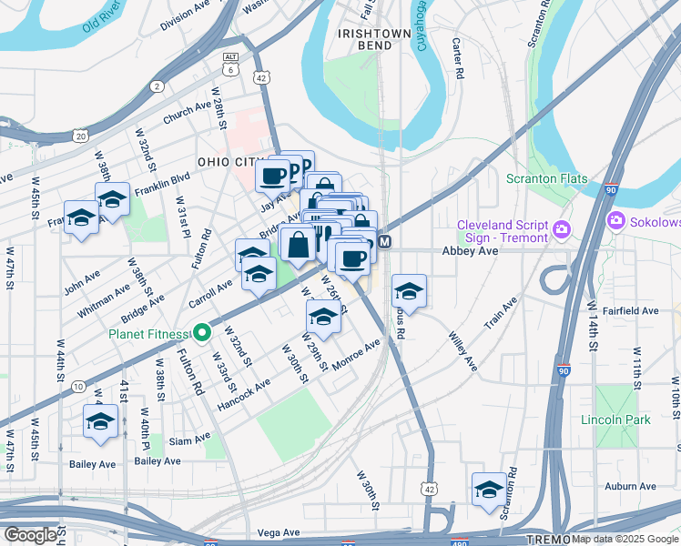 map of restaurants, bars, coffee shops, grocery stores, and more near 2519 Market Avenue in Cleveland