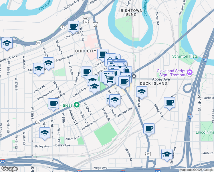 map of restaurants, bars, coffee shops, grocery stores, and more near 1964 West 26th Street in Cleveland