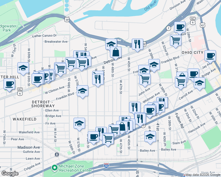 map of restaurants, bars, coffee shops, grocery stores, and more near 1767 West 48th Street in Cleveland