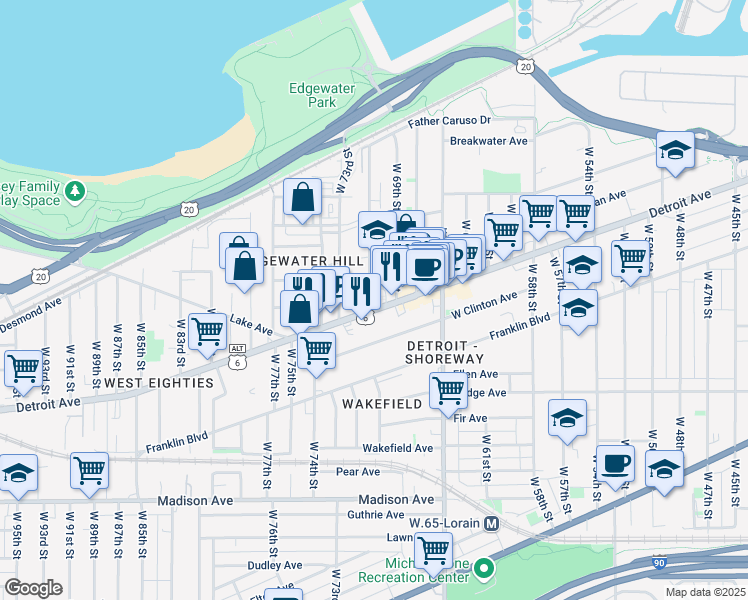 map of restaurants, bars, coffee shops, grocery stores, and more near 1360 West 70th Street in Cleveland