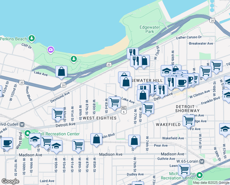map of restaurants, bars, coffee shops, grocery stores, and more near 1308 West 80th Street in Cleveland