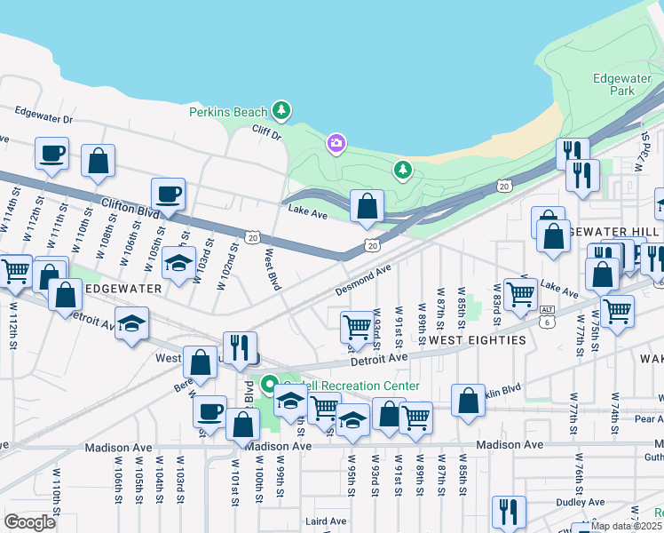 map of restaurants, bars, coffee shops, grocery stores, and more near 9605 Clifton Boulevard in Cleveland