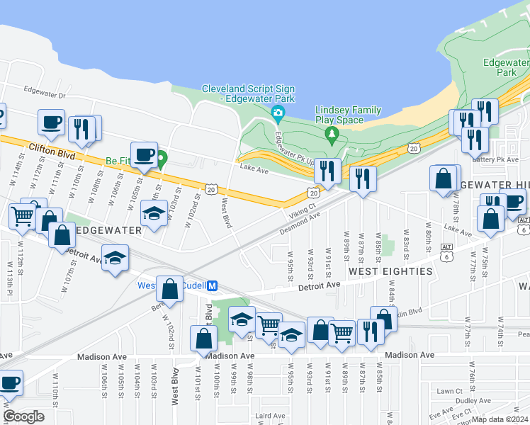 map of restaurants, bars, coffee shops, grocery stores, and more near 9605 Clifton Boulevard in Cleveland