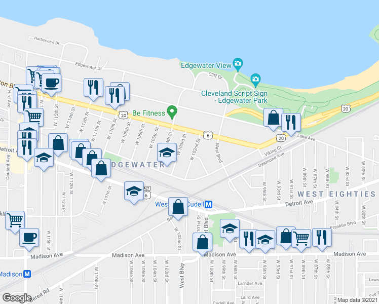 map of restaurants, bars, coffee shops, grocery stores, and more near 1278 West 102nd Street in Cleveland