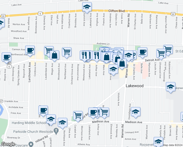 map of restaurants, bars, coffee shops, grocery stores, and more near 1451 Lakeland Avenue in Lakewood