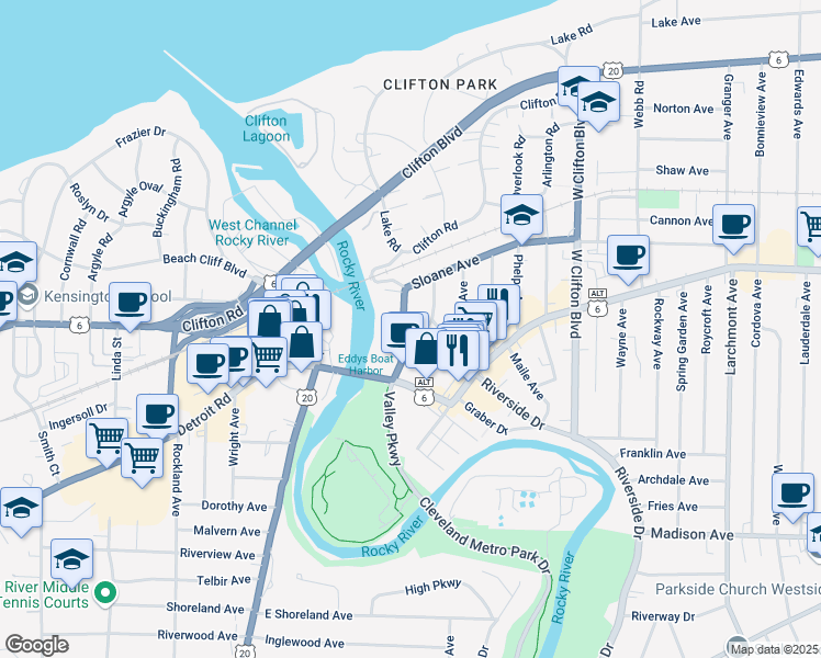 map of restaurants, bars, coffee shops, grocery stores, and more near 1329 Sloane Avenue in Lakewood