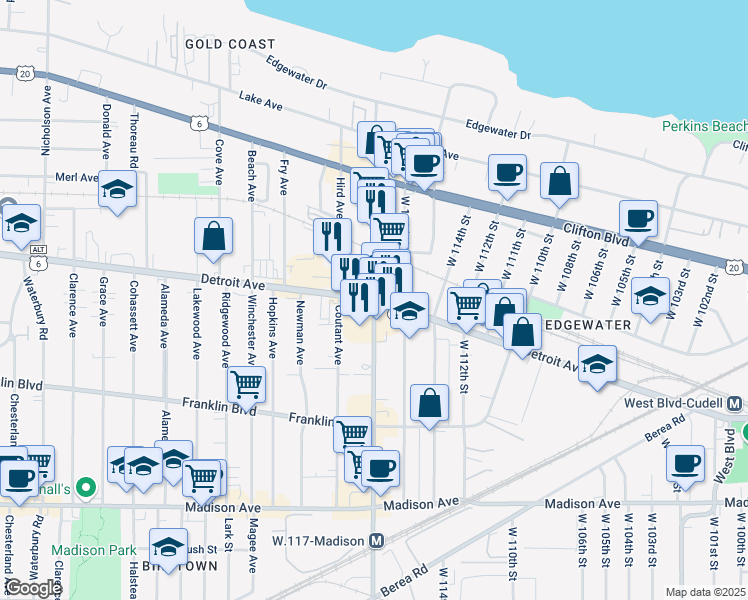 map of restaurants, bars, coffee shops, grocery stores, and more near Detroit Avenue & West 117th Street in Lakewood