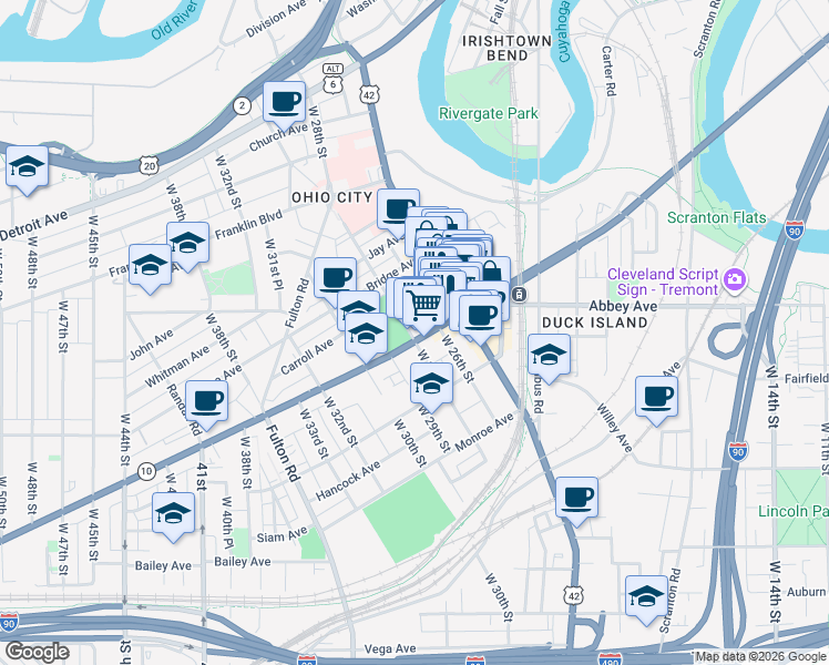 map of restaurants, bars, coffee shops, grocery stores, and more near 1964 West 26th Street in Cleveland