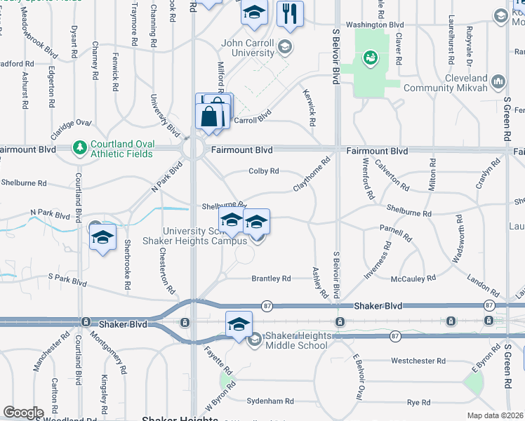 map of restaurants, bars, coffee shops, grocery stores, and more near 20900 Claythorne Road in Shaker Heights