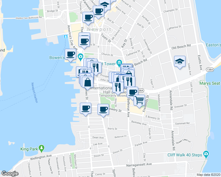 map of restaurants, bars, coffee shops, grocery stores, and more near 50 William Street in Newport