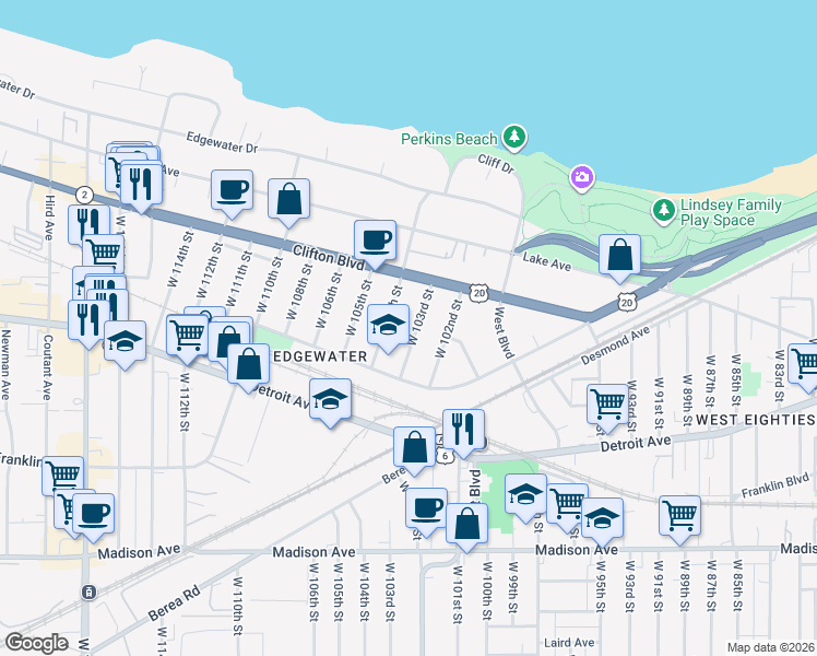 map of restaurants, bars, coffee shops, grocery stores, and more near 1286 West 103rd Street in Cleveland