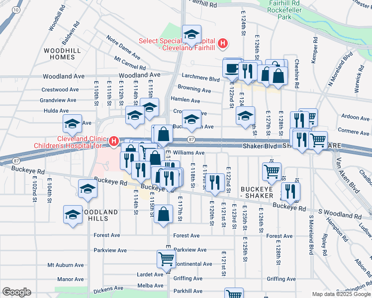 map of restaurants, bars, coffee shops, grocery stores, and more near 54 Shaker Boulevard in Cleveland