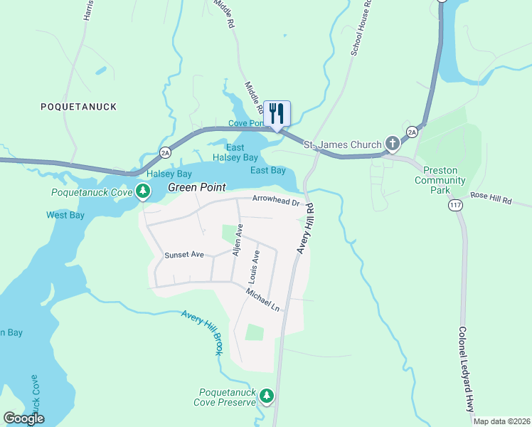 map of restaurants, bars, coffee shops, grocery stores, and more near 17 Arrowhead Drive in Ledyard