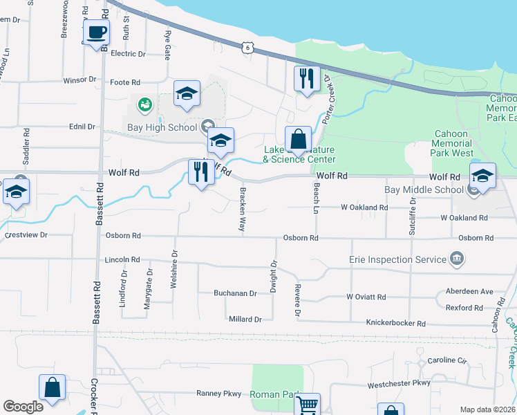 map of restaurants, bars, coffee shops, grocery stores, and more near 491 Bracken Way in Bay Village