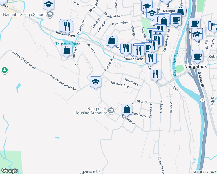 map of restaurants, bars, coffee shops, grocery stores, and more near 124 Andrew Avenue in Naugatuck