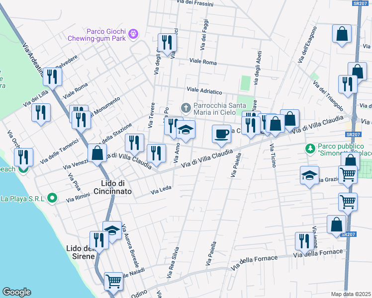 map of restaurants, bars, coffee shops, grocery stores, and more near 16 Via Tirreno in Anzio