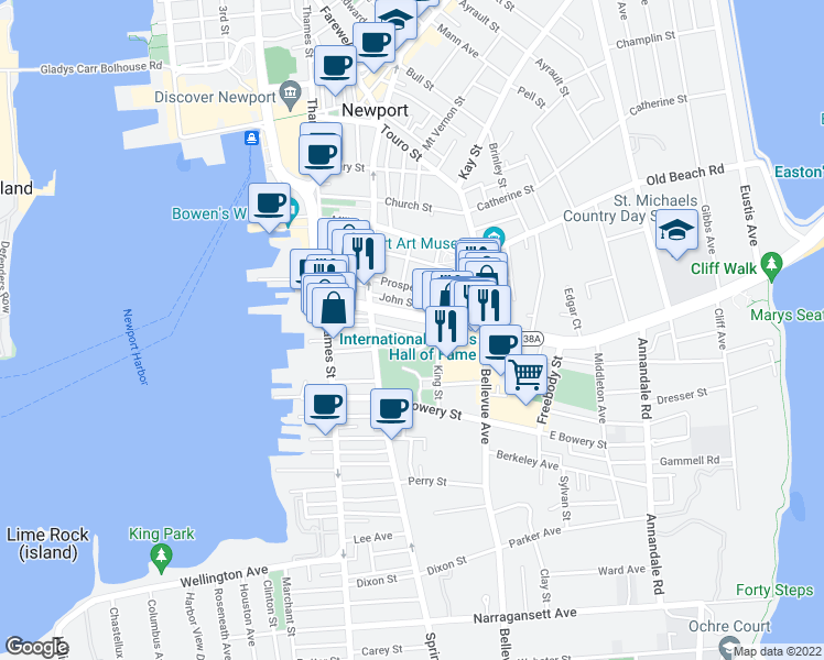 map of restaurants, bars, coffee shops, grocery stores, and more near 44 William Street in Newport