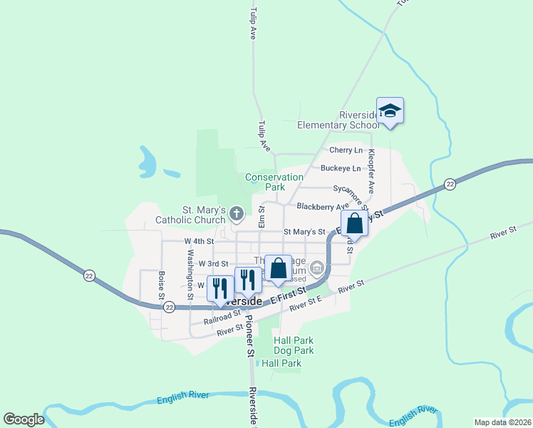 map of restaurants, bars, coffee shops, grocery stores, and more near 488-498 Vine Street in Riverside