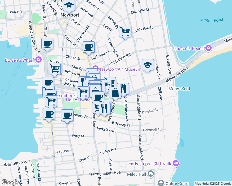 map of restaurants, bars, coffee shops, grocery stores, and more near 19 Chapel Street in Newport