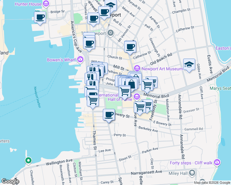 map of restaurants, bars, coffee shops, grocery stores, and more near 62 Rhode Island 138A in Newport