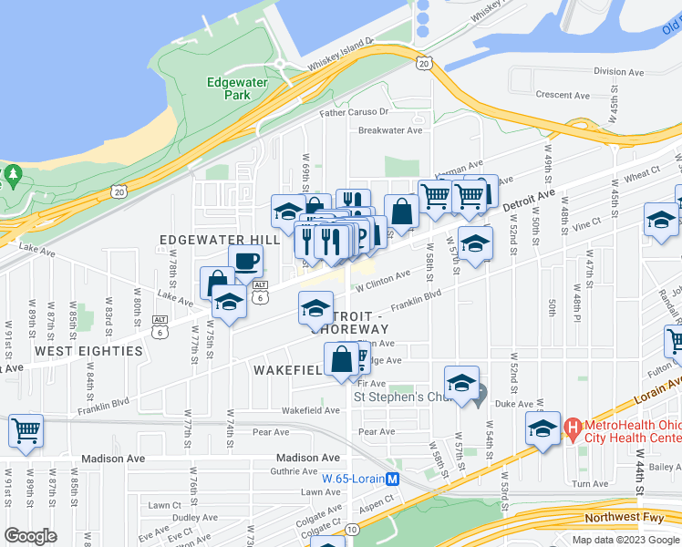 map of restaurants, bars, coffee shops, grocery stores, and more near 6505 Detroit Road in Cleveland