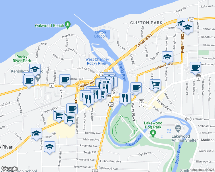 map of restaurants, bars, coffee shops, grocery stores, and more near 19067 Lake Road in Rocky River