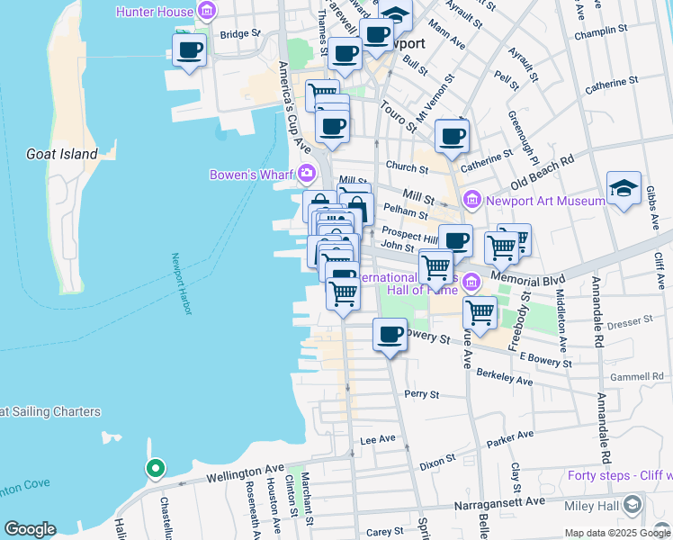 map of restaurants, bars, coffee shops, grocery stores, and more near 359 Thames Street in Newport