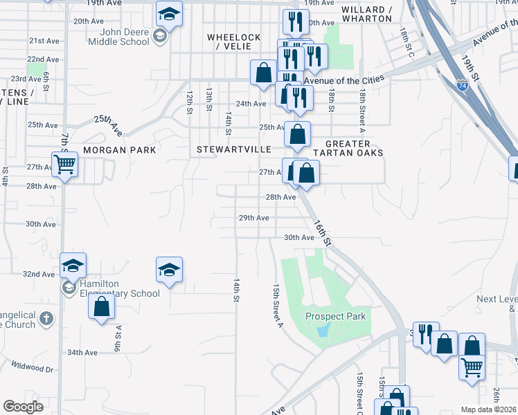 map of restaurants, bars, coffee shops, grocery stores, and more near 2801 15th Street in Moline