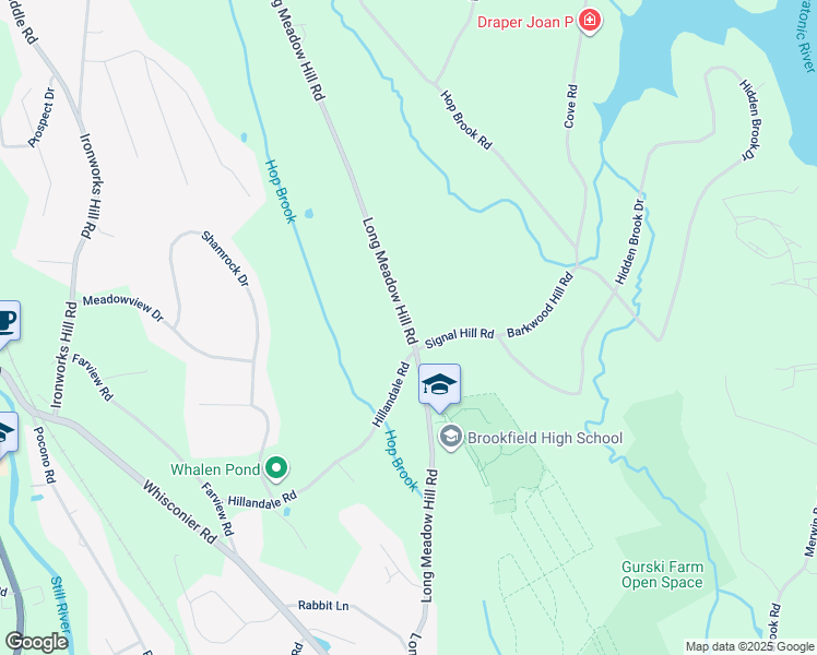 map of restaurants, bars, coffee shops, grocery stores, and more near Long Meadow Hill Rd in Brookfield
