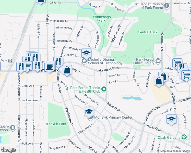map of restaurants, bars, coffee shops, grocery stores, and more near 307 Windsor Street in Park Forest
