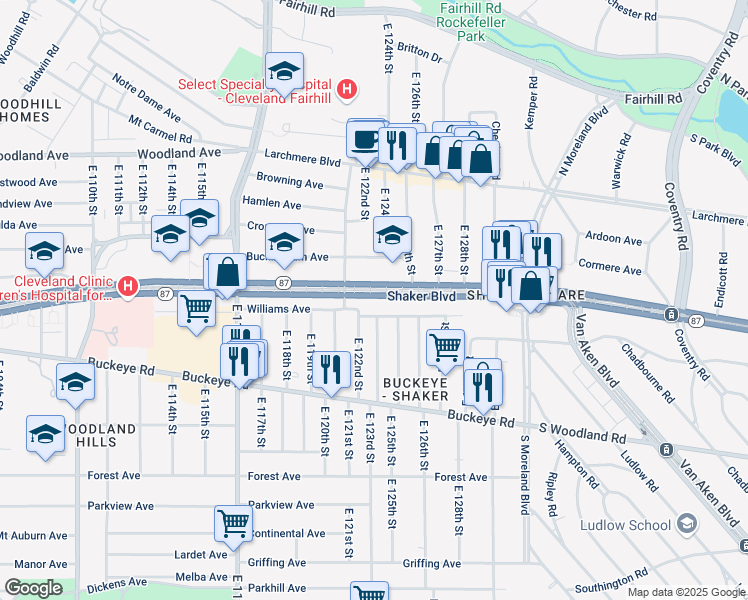 map of restaurants, bars, coffee shops, grocery stores, and more near 12450 Shaker Boulevard in Cleveland