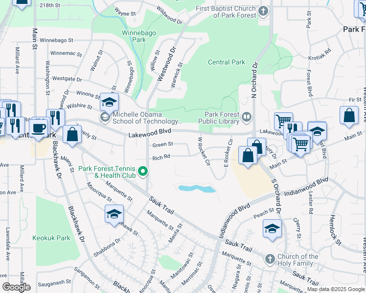 map of restaurants, bars, coffee shops, grocery stores, and more near 265 Green Street in Park Forest