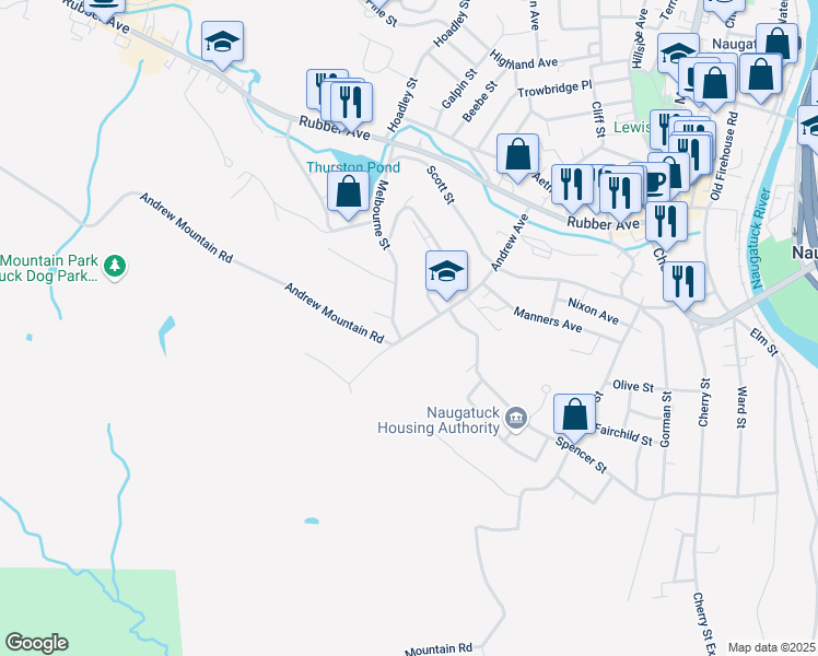 map of restaurants, bars, coffee shops, grocery stores, and more near 185 Andrew Avenue in Naugatuck