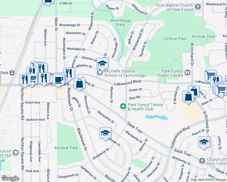 map of restaurants, bars, coffee shops, grocery stores, and more near 307 Windsor Street in Park Forest